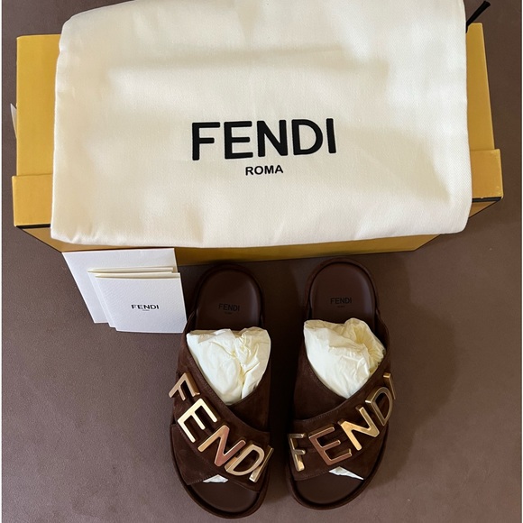 Fendi Fendigraphy Brown Suede Sandals- Size 6.5-New in Box - Picture 10 of 16